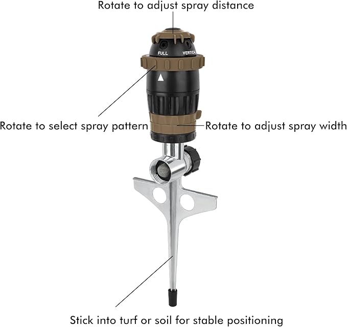 RESTMO Gear Drive Sprinkler with Metal Spike Base, 5-Pattern Heavy Duty Gardening Watering System, Multi-Adjustable Lawn Sprinkle for Garden Plant, Flower Bed and Large Yard Area Watering, Brown