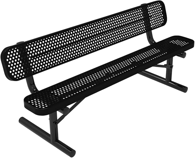 COATEDOUTDOORFURNITURE Heavy-Duty Portable Outdoor Bench Thermoplastic Coated, Punched Steel, Commercial-Grade Seating, Made in America (Portable with Back, 6 Ft, Textured Black)