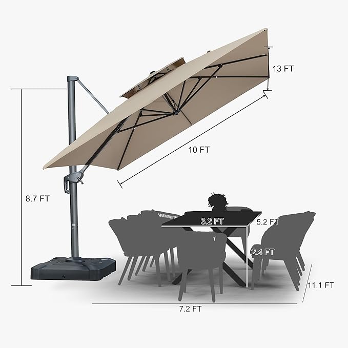 PURPLE LEAF 10' X 13' Double Top Cantilever Patio Umbrella Deluxe Large Outdoor Umbrella Rectangle Offset Umbrella with Fade Resistance for Garden Deck Pool Patio, Sand Dune