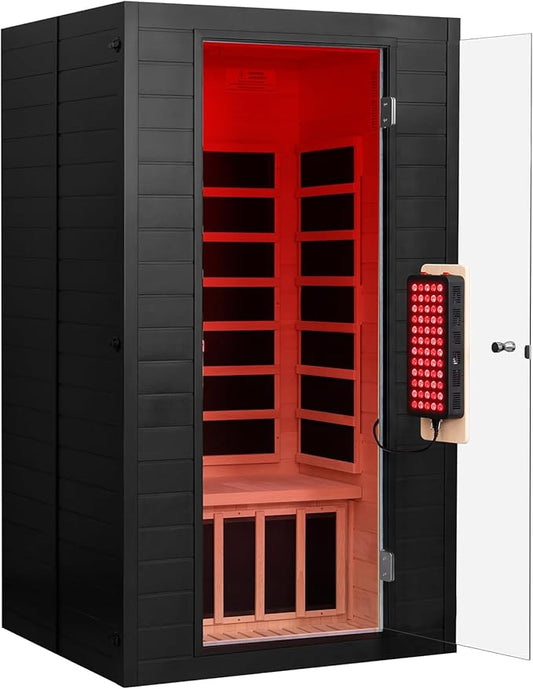 springspa Full Spectrum Infrared Sauna, 1- to 2-Person Infrared Saunas with Red Light Therapy for Home, Canadian Hemlock Wooden Indoor Sauna Spa Room with 7 Chromotherapy Lights, Black