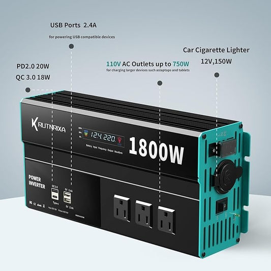 Power Inverters 500W 12V DC to 110V AC Converter for Vehicles USB-C/PD 25W Fast Charging Ports Car Charger Adapter with a Cigarette Lighter Ports Plug Outlet(Modified sine wave-1800W)