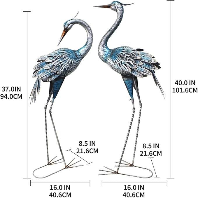 Oritty Outdoor Crane Garden Statues, Blue Heron Garden Statues, Large Metal Cranes for Yard, Lawn, Patio, Pond