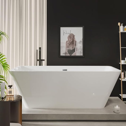 67" Free Standing Tub, Acrylic Soaking Bathtub, Stand Alone Freestanding Tub with Matte Sliver Drain and Overflow, Contemporary Bathtub for Bathroom, Elegant White
