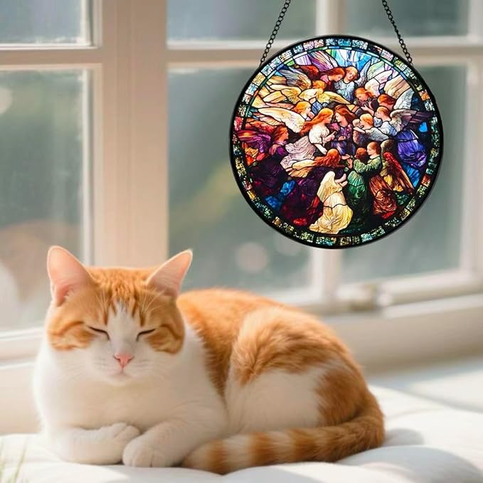 Argodaze Stained Glass Window Hanging - Angel Girl Embraces The World Suncatcher fof Garden Home Decor for Women Mon Grandma Friends