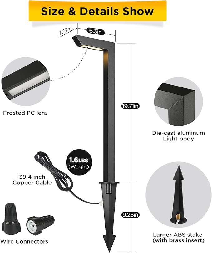 Gardencoin 3CCT LED Low Voltage Landscape Pathway Light, 12V Premium 3000K/4000K/5000K Selectable Path Lights Wired, Modern Walkway Lights Outdoor, Higher Housing with Larger Stake (19.71IN, 12pack)
