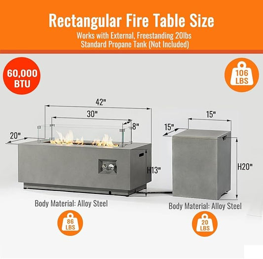 42" Outdoor Propane Fire Pit Table for Patio - 50,000 BTU Rectangular Gas Firepit Table, Grey Commercial-Grade Fireplace with Wind Guard,Grey.
