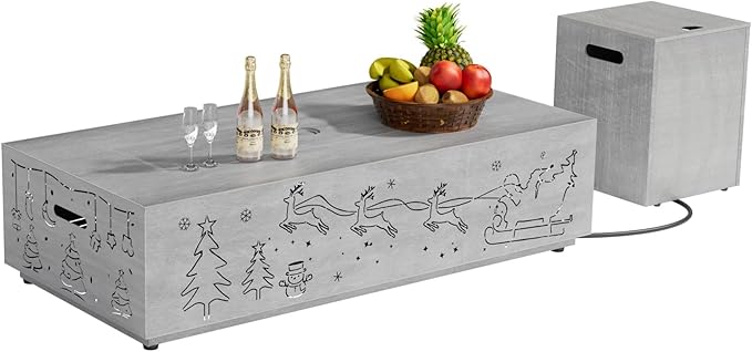 42" Propane Fire Pit Table with Christmas Cutout Decoration and RGB Lights – 50,000 BTU with Wind Guard Glass, Lid, Rocks and Cover – Outdoor Fireplace (Light Grey/Christmas RGB, 42" LED)