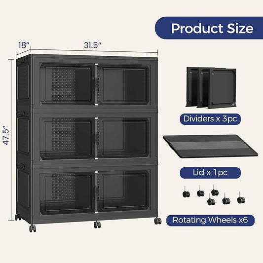 600 QT Extra Large Stackable Storage Bins with Lid, 150 Gal Collapsible Storage Box with Wheels, Folding Closet Organizers and Storage Cabinet with Doors for Home, Kitchen, Office, 3Pack Black