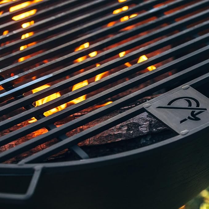 Ash & Ember 42" Cast Iron Cauldron Fire Pit Bowl with Double Hinged Grill Grate-Easy-Lift Handles & Handing Chain, Round Wood Burning Patio Fire Bowl for Backyard Patios