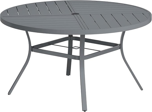 VICLLAX Round Patio Table with Adjustable Umbrella Hole for 6, All Weather Metal Outdoor Dining Table for Lawn Garden, 50" Outdoor Coffee Table, Grey Tabletop