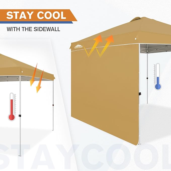 EAGLE PEAK Pop Up Canopy Tent with 1 Sidewall, Easy Setup Event Tent, Outdoor Sun Shade, Wheeled Carry Bag, Stakes and Guy Ropes, Instant Canopy 10x10, Beige
