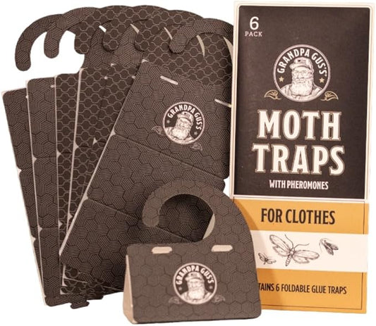 Grandpa Gus's Clothes Moth Traps, Potent Pheromone Sticky Glue Traps for Case-Making and Web Spinning Moths, Moths Repellent for Clothing, Closets & Carpets, Pack of 6