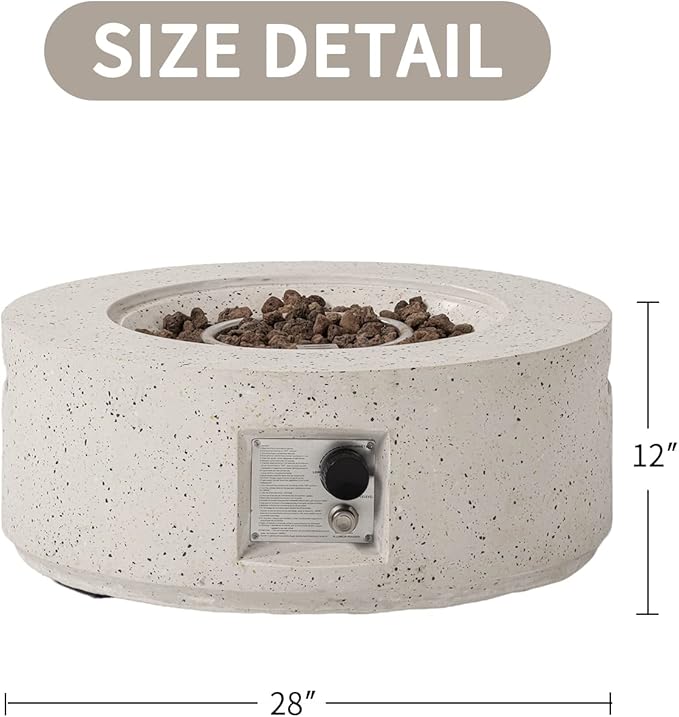 SUNBURY Outdoor 28 Inch Propane Fire Pit Table, 40,000 BTU Spotted White Patio Gas Fire Table w Lava Rocks, Waterproof Cover