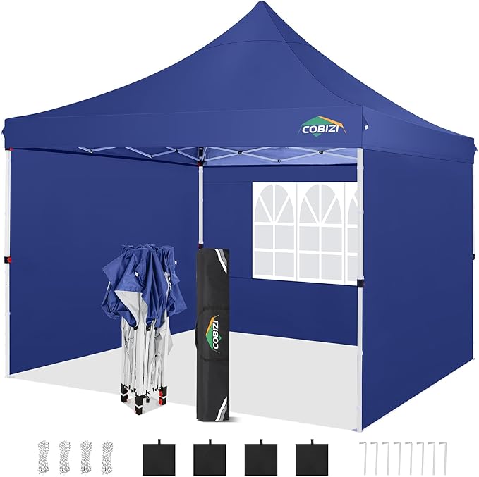 COBIZI 10x10 Pop Up Canopy with 3 Sidewalls, Canopy Tent 10x10 for Parties, Backyard, Commercial, Waterproof and Portable Instant Shelter UV50+ Ez Outdoor Canopy Gazebo with 4 Sandbags(Dark Blue)