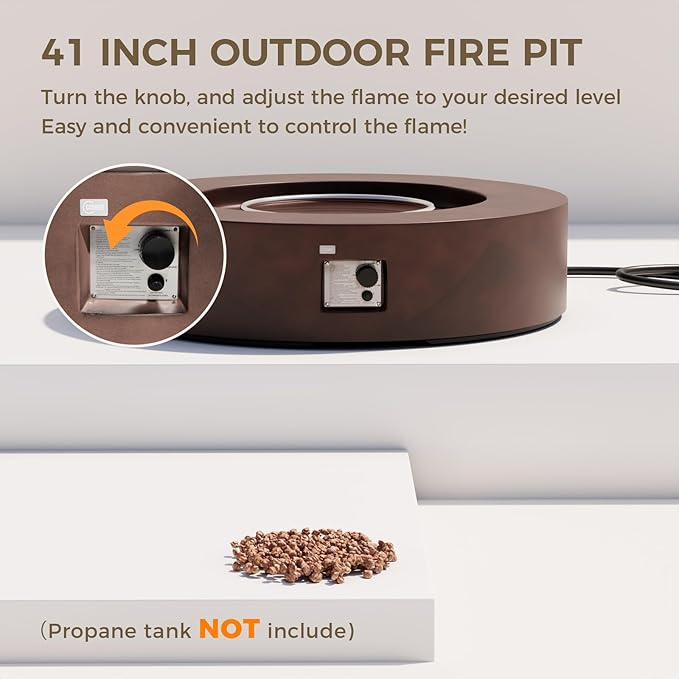 SUNBURY Outdoor 42-Inch Propane Fire Pit,Dark Brown Concrete Patio Fire Table 50,000 BTU w Waterproof Cover, Lava Rocks