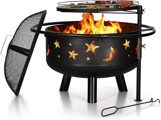 PHI VILLA 30" Outdoor Wood Burning Firepit with Cooking Grate, Patio Deep Bowl Steel Fire Pits for Outside with Adjustable Swivel BBQ Grill Pan, Star & Moon Cutouts Pattern, Poker & Spark Screen