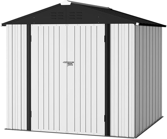 Furniwell 6x8 FT Outdoor Storage Shed, Metal Garden Sheds Outdoor Storage House with Single Lockable Door for Backyard Patio Lawn, White