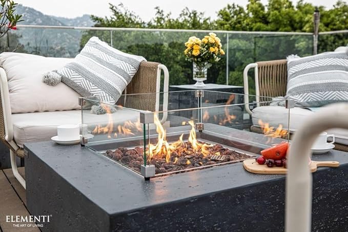 Elementi Manhattan Gas Fire Pit Bundle Concrete Fire Table, Outdoor Fire Pit Electronic Ignition | Canvas Cover, Lava Rock Included | Free AMS Wind Guard | Dark Gray (Natural Gas)