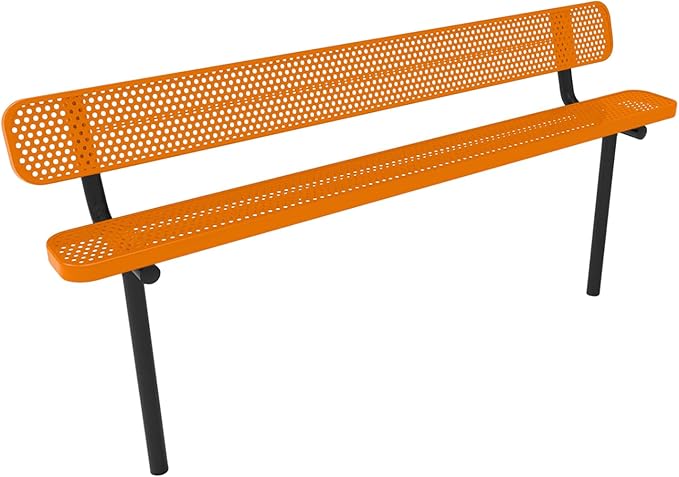 COATEDOUTDOORFURNITURE Heavy-Duty Outdoor Bench Thermoplastic Coated, Punched Steel, Commercial-Grade Seating, Made in America (Inground with Back, 8 Ft, Textured Orange)
