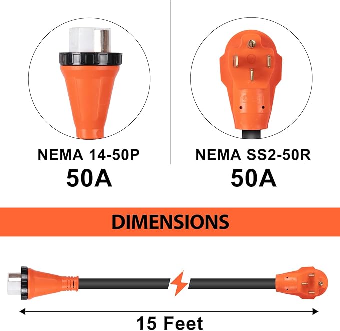 WELLUCK 50 Amp 15FT RV Power Extension Cord with Cord Organizer, Heavy Duty NEMA 14-50P to SS 2-50R RV Twist Locking Adapter Plug for RV Camper and Generator to House, 6/3+8/1 Gauge, ETL Listed