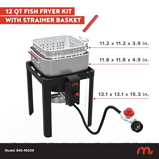 Megamaster 12QT Outdoor Propane Deep Fryer Pot Kit with Basket, 54,000 BTU Gas Aluminum Fish Fryer Kit, 0-10 PSI Regulator, 5" Thermometer, For Chicken Wings, Seafood, French Fries - 840-45009