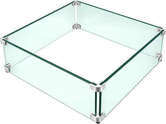 Fire Pit Wind Guard, 15" x 15" Square Tempered Glass Wind Shield for Firepit & Fire Table, Thick Glass and Easy Installation with Included Tools, Airflow Management for Stable Flame