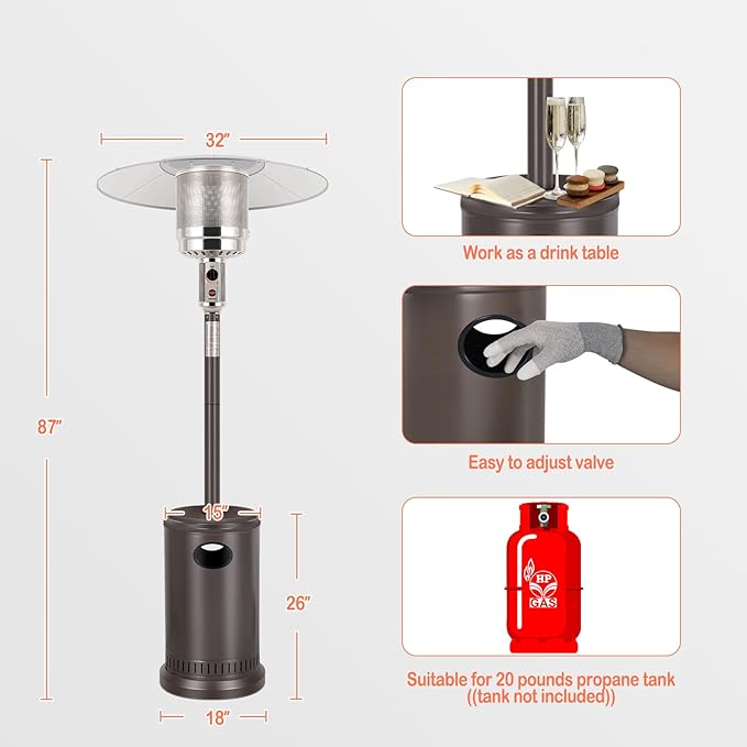 Hykolity 50,000 BTU Propane Patio Heater with Table Design, Stainless Steel Burner, Triple Protection System, Wheels, Outdoor Heaters for Patio, Garden, Commercial and Residentia(Brown)