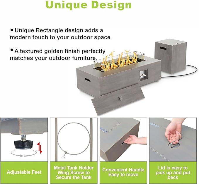 42" Propane Fire Pit Table with LED Light 50,000 BTU Outdoor Fireplace Table Includes Wind Guard, Lid, Rocks & Cover - Gas Firepit Table, Chimenea para Patio (Light Grey/Golden Light, 42" LED)