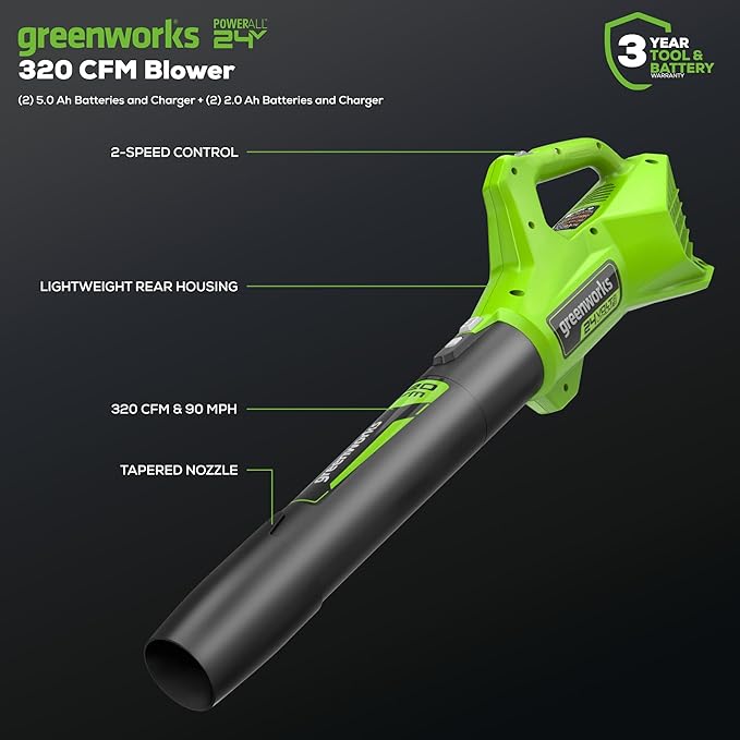 Greenworks 48V (24V x 2) 17" Brushless Mower+12" String Trimmer+320CFM Blower+310 in./lbs Drill Driver, (2) 4.0Ah Batteries and (2) 2.0Ah Batteries, 2A Dual Port Charger