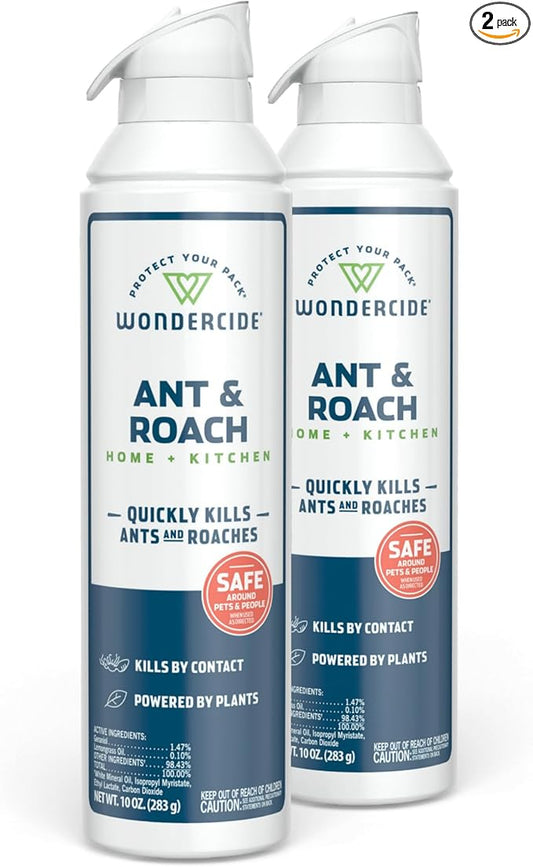 Wondercide - Ant & Roach Aerosol Spray for Kitchen, Home, and Indoor Areas - Ant, Roach, Spider, Flea, Stink Bug Killer with Natural Essential Oils - Pet Safe - 10 oz 2-Pack