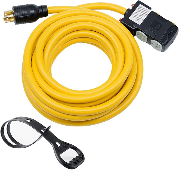Yodotek 25Ft Generator Cord with Surge Protector Breaker,Heavy Duty Generator Locking Cord,NEMA L14-30P/Four 5-20R,4 Prong 10 Gauge Flexible Cable,Power Extension Cord, 30Amp 7500 Watts