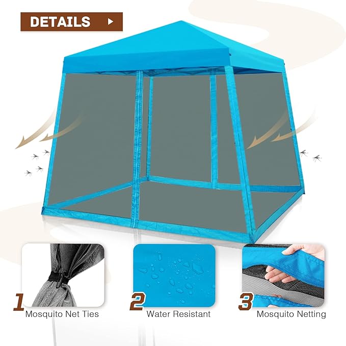 INTER HUT 10x10 Pop up Canopy Tent with Mesh Netting, Slant Leg Instant Screened House Gazebo, Light Blue