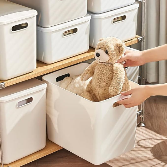 4 pack large plastic White storage bins Baskets, Toy Box Chest with Lids and Handle，Organizer Containers for Baby，Kids,snacks,Nursery，Shelves，Playroom, Bedroom，Office,Closet，home