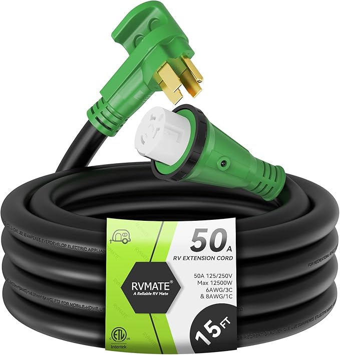 RVMATE 50 Amp 15 Feet RV/Generator Lockable Power Extension Cord, Easy Plug in Handle, 14-50P to SS 2-50R with LED Indicator, ETL Listed
