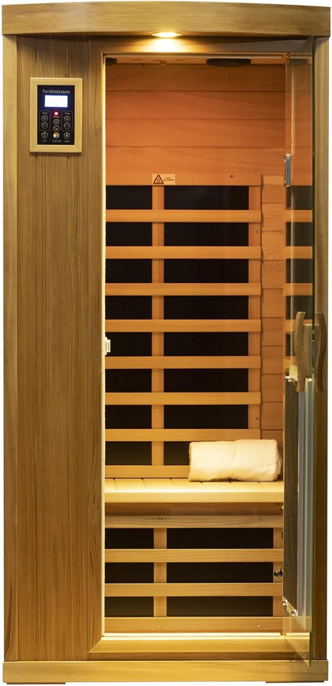 Far Infrared Sauna Room 1-2 Person Infrared Home Saunas, 8 Low EMF Heating Panels, 1510 Watts Red Cedar Wood Sauna with Door Heating Panel, LCD Display-Control, Blue-tooth Audio, Outdoor Lamp