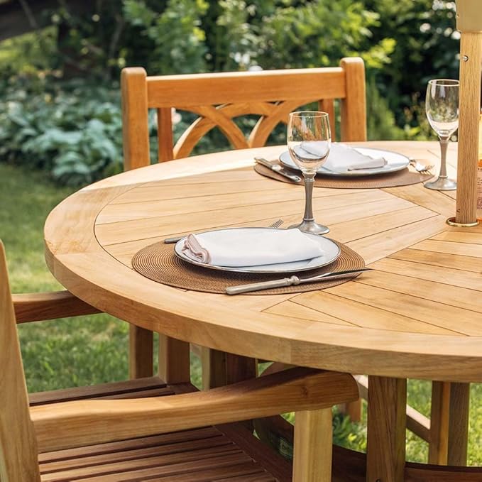 Ash & Ember Savannah Grade A Teak Round Dining Table, 71" Teak Wood Table, Weather-Resistant Premium Solid Wood Furniture, Fits Standard Patio Umbrellas, Fits 6 People Comfortably