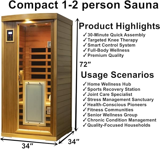 Far Infrared Sauna Room 1-2 Person Infrared Home Saunas, 8 Low EMF Heating Panels, 1510 Watts Red Cedar Wood Sauna with Door Heating Panel, LCD Display-Control, Blue-tooth Audio, Outdoor Lamp