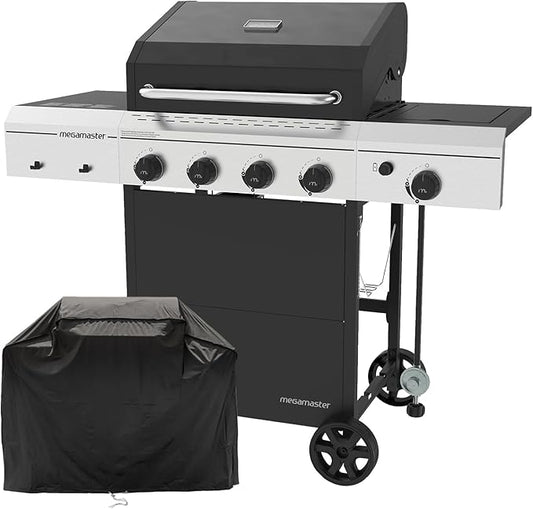 Megamaster 4-Burner Gas Grill with Side Burner & Grill Cover, 52,000 BTUs, 568 SQ. In. Cooking Area, Propane BBQ Grill with Stainless Steel Panel for Outdoor Cooking, Patios, and More - 720-0804HK