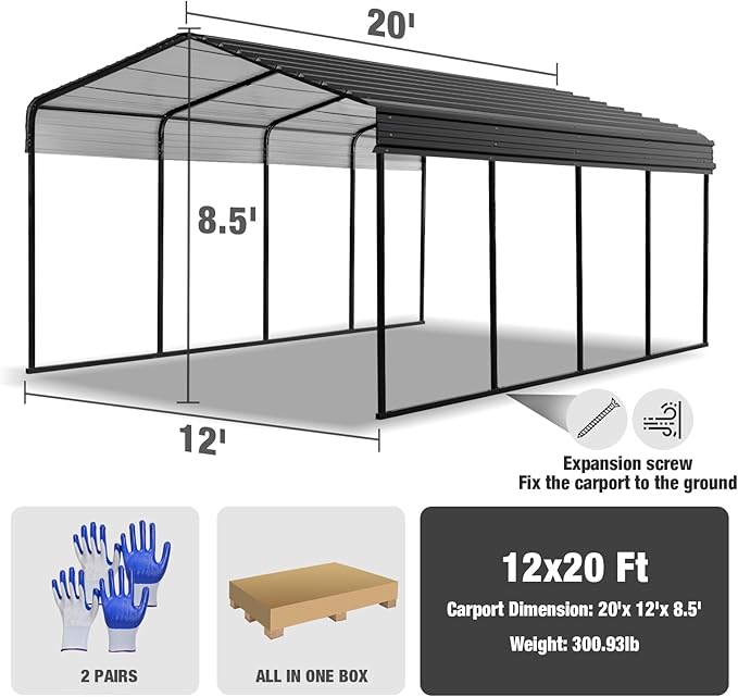 TCE Metal Carport Canopy 12x20 Heavy Duty,Multi-Use Canopy Garage Shed,Portable Car Garage with Enhanced Metal Frame, Outdoor Car Shelter for Car, Boats and Tractors