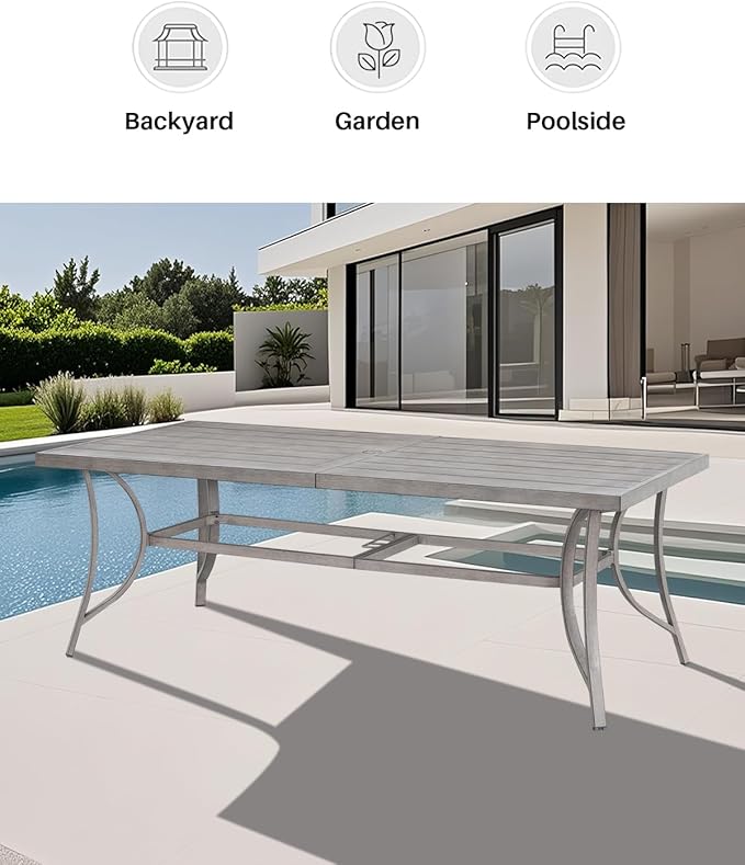 SEEHILL Aluminum Outdoor Dining Table for 8, 84" Rectangle Patio Dining Table with 2.2" Umbrella Hole, 8 Person Outdoor Dining Tables for Deck, Backyard, Garden, Poolside, Limed Oak