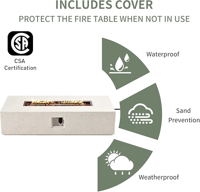 COSIEST 2-Piece Outdoor Propane Fire Table Set, Rectangle Concrete 56" Rectangular Fire Pit, Certified, 50,000 BTU, w 20lb Tank Table,Waterproof Cover for Garden, Porch, Backyard