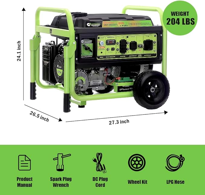 Green-Power America Dual Fuel Portable Generator 13000 Watt,Gas or Propane Powered,Electrical/Recoil Start, Equipped with CO-Seizer CO Protection System