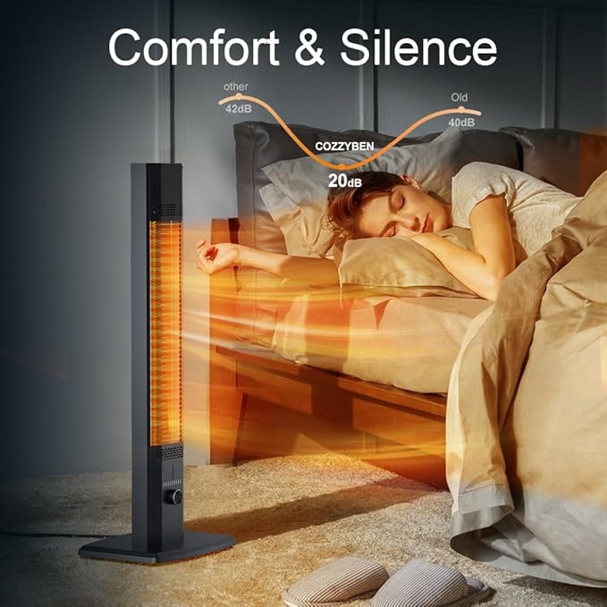 42 INCH Patio Heater, 1500W Outdoor Heater, 9 Heat Levels & 9 Hour Timer, 1S Instant Heat, Infrared Heater with Child Safety Lock, IP65 Waterproof, Tip-Over for Outdoor Indoor Use, Black