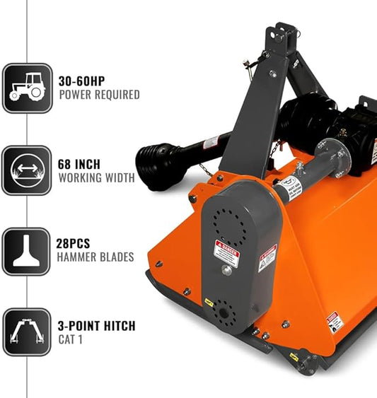 3 Point 68'' Working Width PTO Flail Mower for 30-60hp CAT 1 Tractor, NAM68