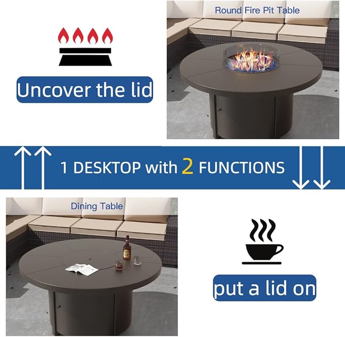 48" Round Propane Fire Pit Table with Lid, 40,000 BTU Outdoor Gas Fire Pits CSA Certified for Outside Steel Tabletop Fire Pit with Blue Glass Rock&Windshield Glass for for Patio, Balcony,Garden
