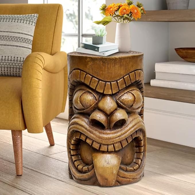 SKYFIRE Outdoor Decorative Sculpture - The Grande Tiki God Kanaloa Teeth Indoor Ornamental Outdoor Table Statues for Garden, Patio, Backyard, Lawn, House, Office Decor -19.6"H Concrete Stool End Table