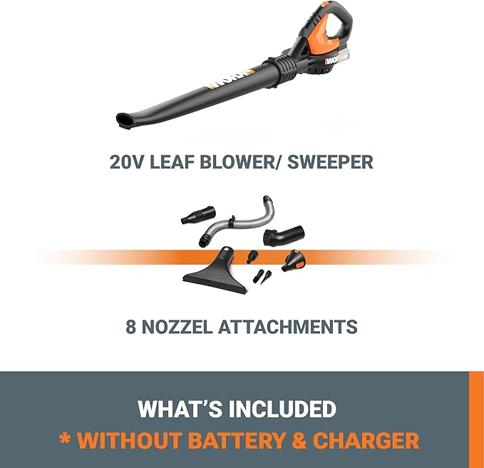 WORX Cordless Leaf Blower, Electric Blowers for Lawn Care with 120 MPH & 2.7 LBS, Long Nozzle Design for Narrow Spaces with Cleaning Attachments, Battery & Charger Not Included, WG545.9