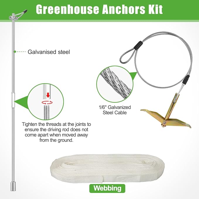 6 Pack Ground Earth Anchors, Easy Hook Anchor with Driving Rod, Earth Anchor Cable Stakes with Webbing for Anchor Tunnel Creenhouse, Large Walk-in Green House, Greenhouse Plastic
