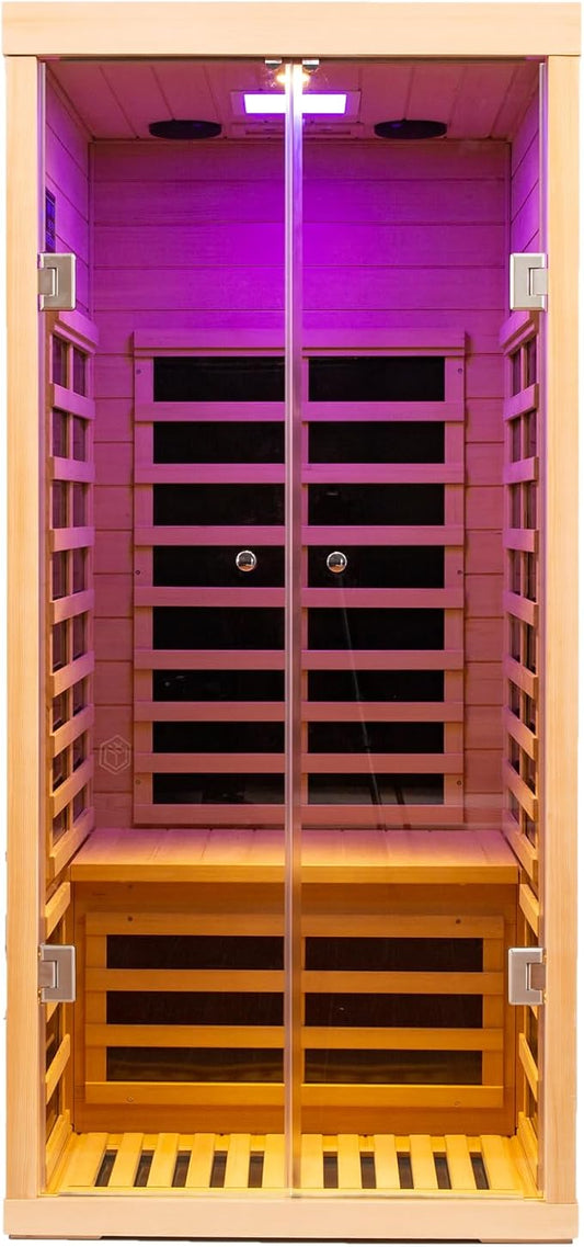 Indoor Infrared Sauna, 1 Person Hemlock Wood Low EMF Far Infrared Saunas, Personal Sauna Room Box with APP Control, Glass Door, Blue-Tooth, LCD, LED Reading Light, 7-Color Light Therapy