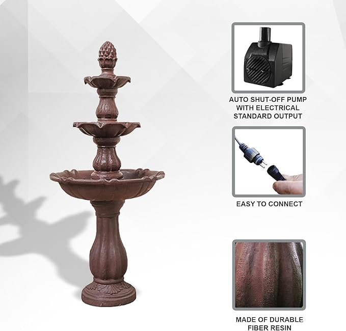 XBrand 3-Tier Water Fountain w/Pump & Pineapple Top, 51 Inch Tall, Brown, Large Outdoor Freestanding Waterfall Decor for Porch, Lawn and Garden
